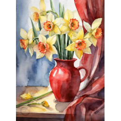 Daffodils in a red vase by AI artwork